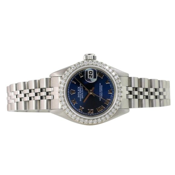 ROLEX DATEJUST BLUE ROMAN DIAL DIAMOND OYSTER STAINLESS STEEL WATCH 26 MM 69174 - Picture 4 of 6